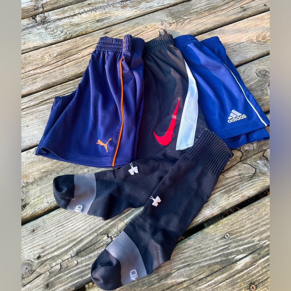 Nike, Adidas, & Puma Athletic Shorts Kids Size 5-8 & Under Armour Soccer Socks